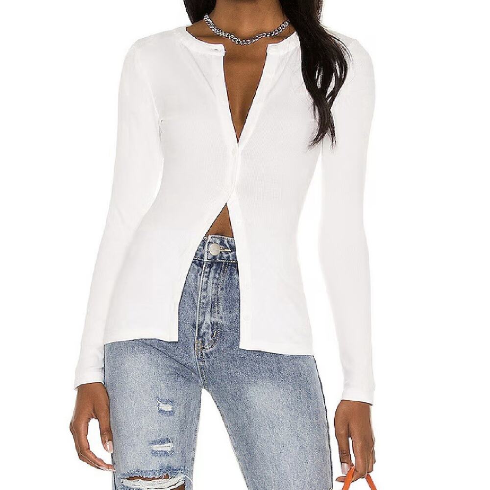 Superdown White Ribbed Button Front Long Sleeve T… - image 1